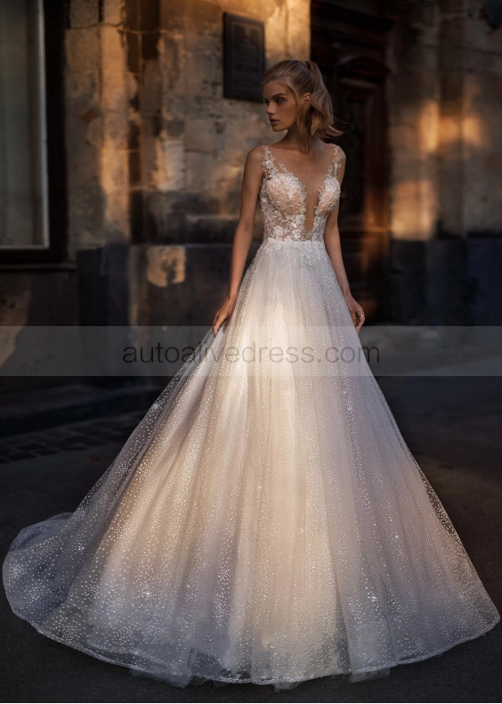 Illusion Neck Ivory Lace Glitter Tulle Wedding Dress
